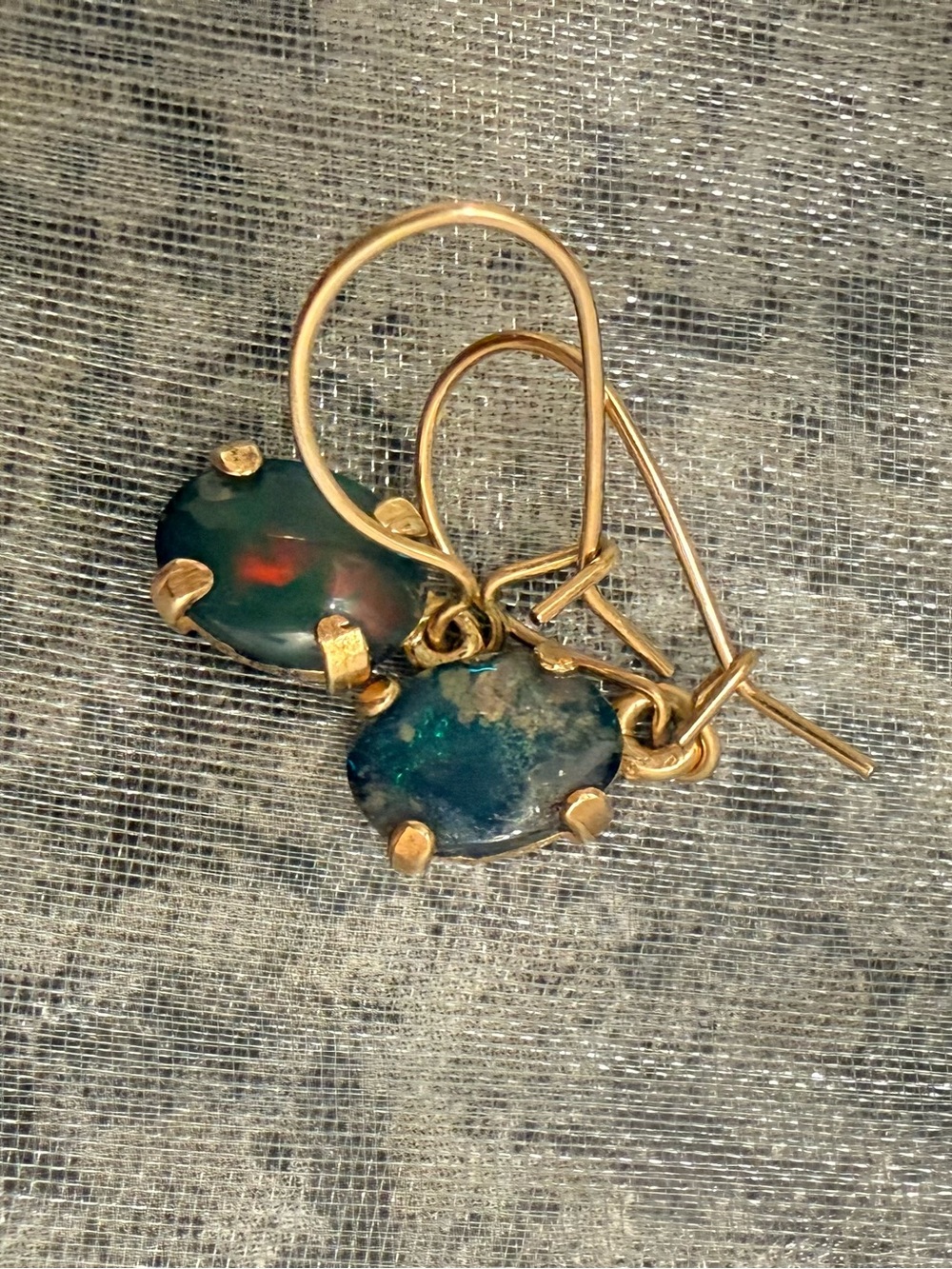 14k Gold Drop Earrings with Dark Green Opal Stones
